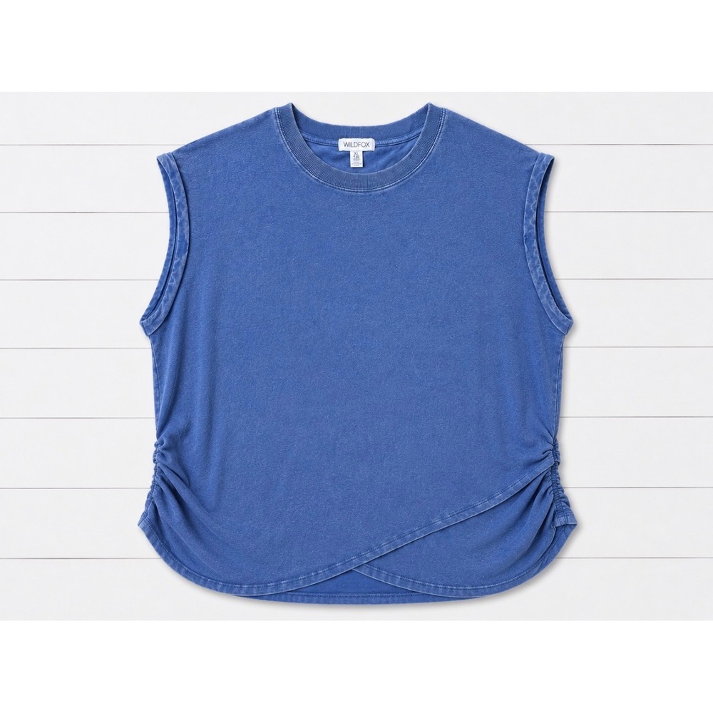 Wildfox Blue Ruched Side Muscle Tee Sleeveless Top Size XL Spandex Layered Hem